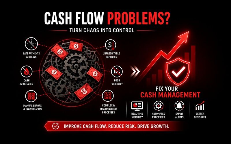Business struggling with cash flow problems showing scattered receipts, cash shortages, and financial stress