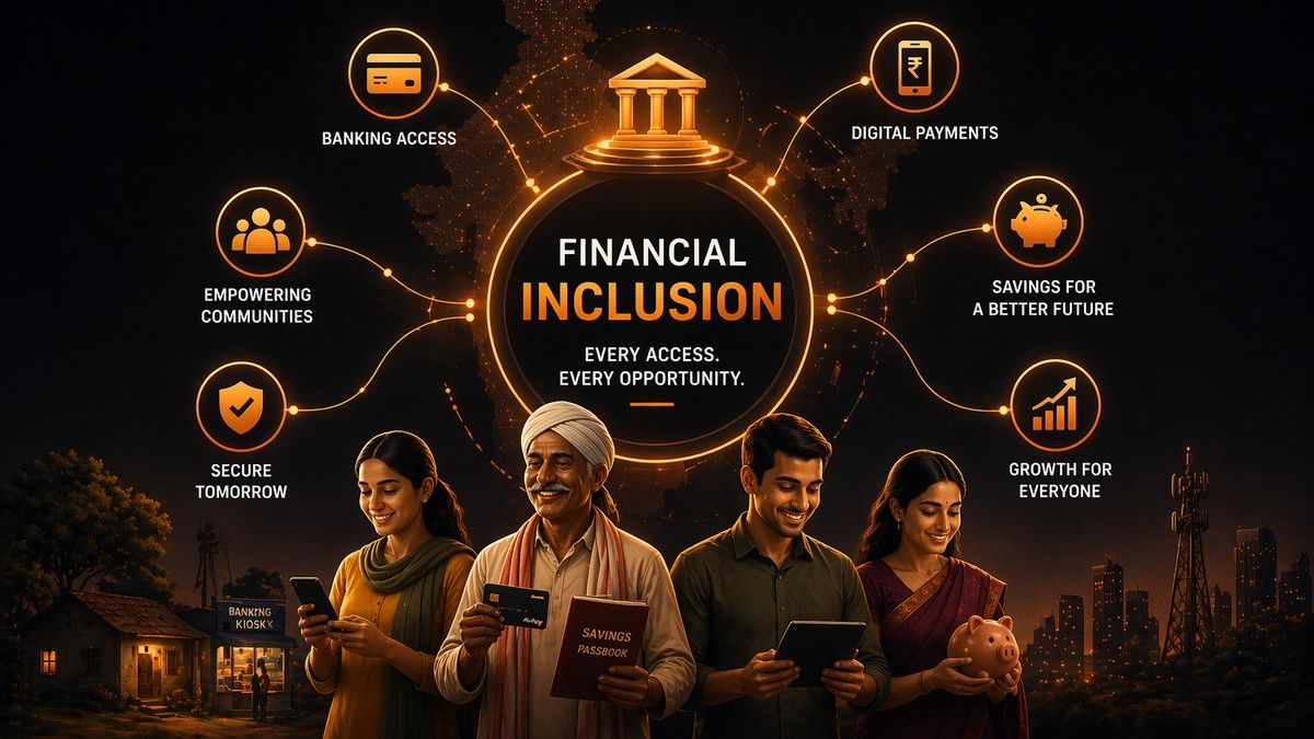 Infographic of financial inclusion ecosystem in India with banking, credit, insurance, and digital payment services connected through fintech