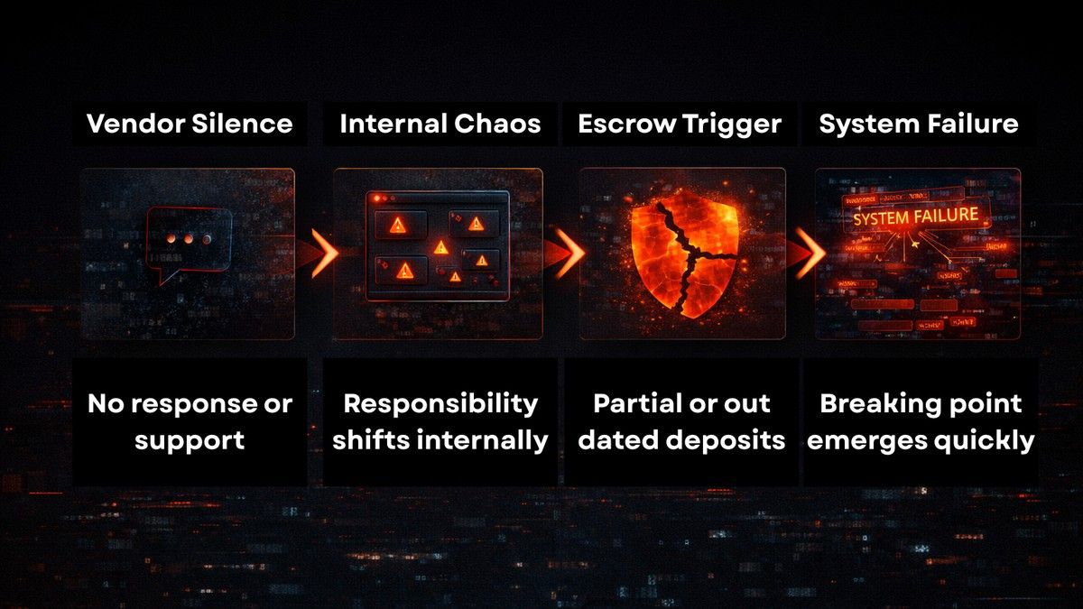 Visual sequence of vendor exit stages showing system disruption, internal chaos, escrow breakdown, and final system failure in a digital environment