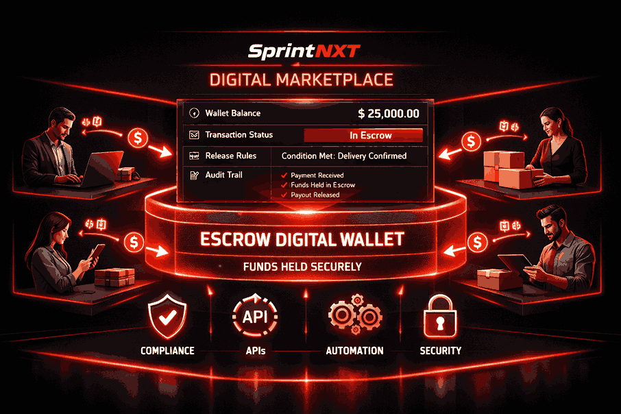 Learn how escrow digital wallets powered by SprintNXT enable secure, rules-based fund holding, release, and reconciliation for marketplaces.