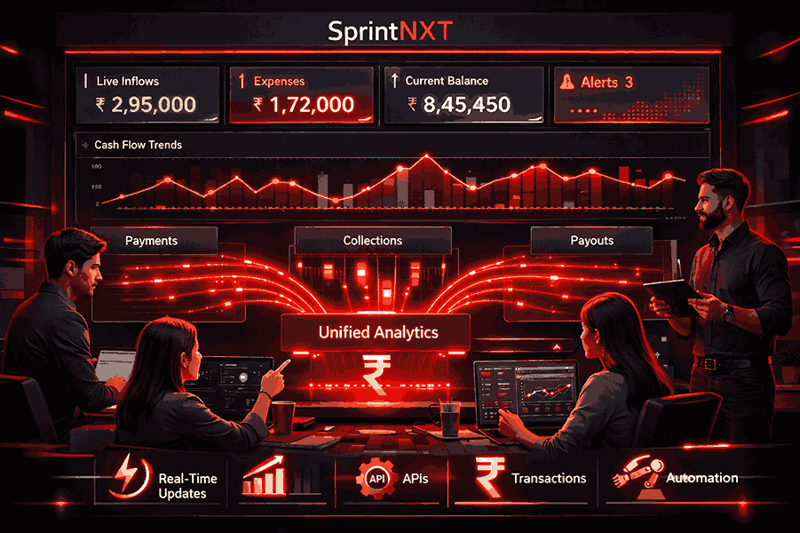 SprintNXT enables startups to monitor burn rate, runway, inflows, outflows, and liquidity in real time across banks and payment gateways.