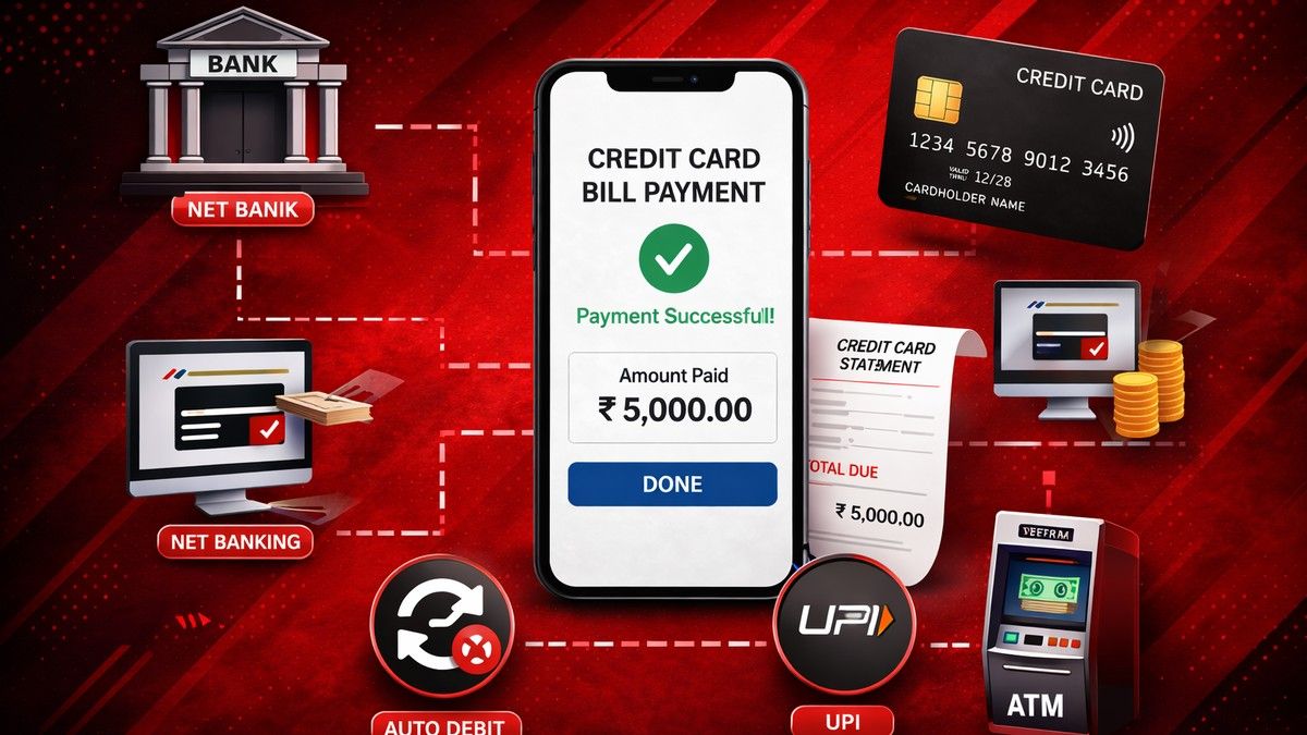 Illustration of credit card bill payment process showing multiple methods like UPI, net banking, and auto-debit