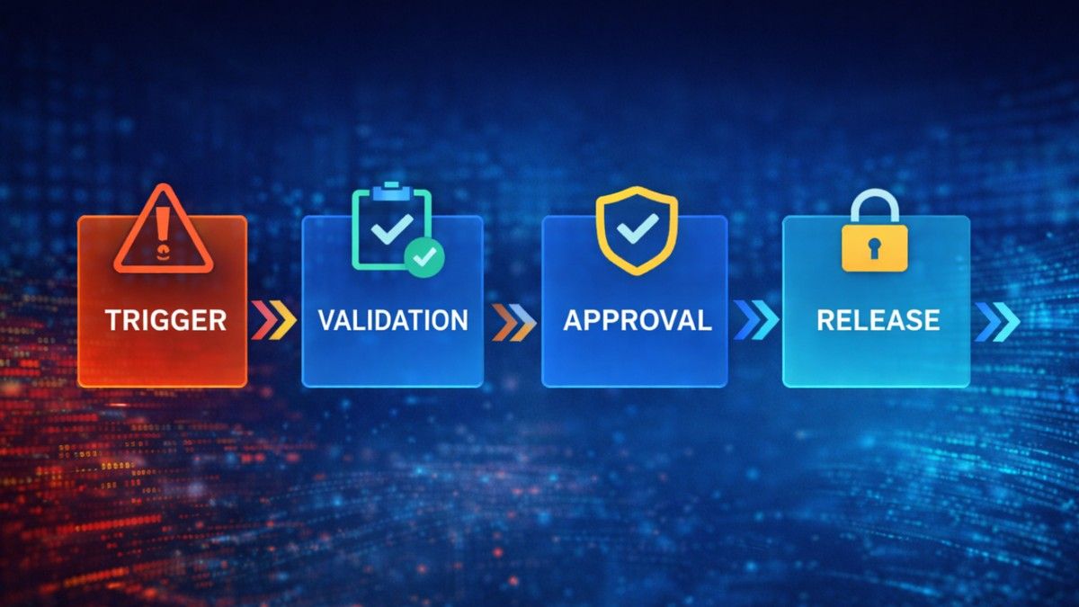 Escrow release process workflow showing trigger, validation, approval, and release steps for source code access