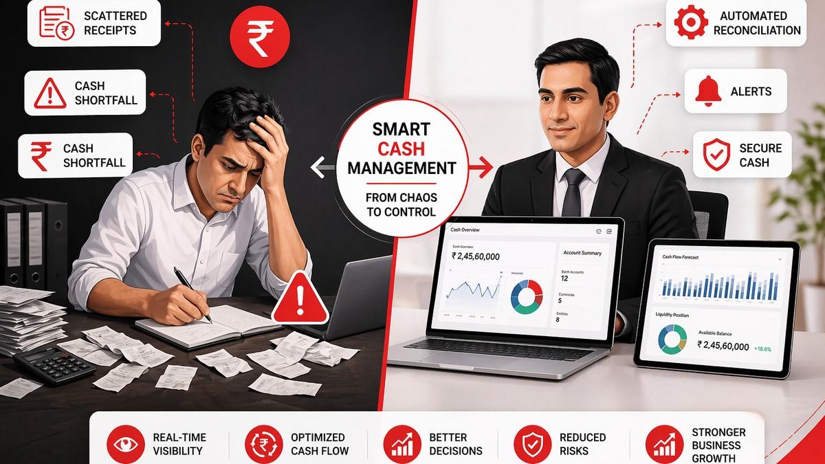 Illustration of cash management challenges and solutions showing transition from financial chaos to automated systems and improved cash flow